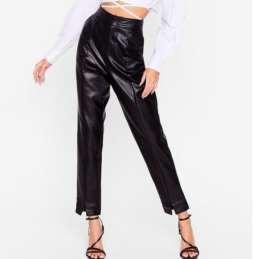 Nasty Gal Sz 0 Pants Black Faux Leather High Waisted Straight Leg Seams Women’s
